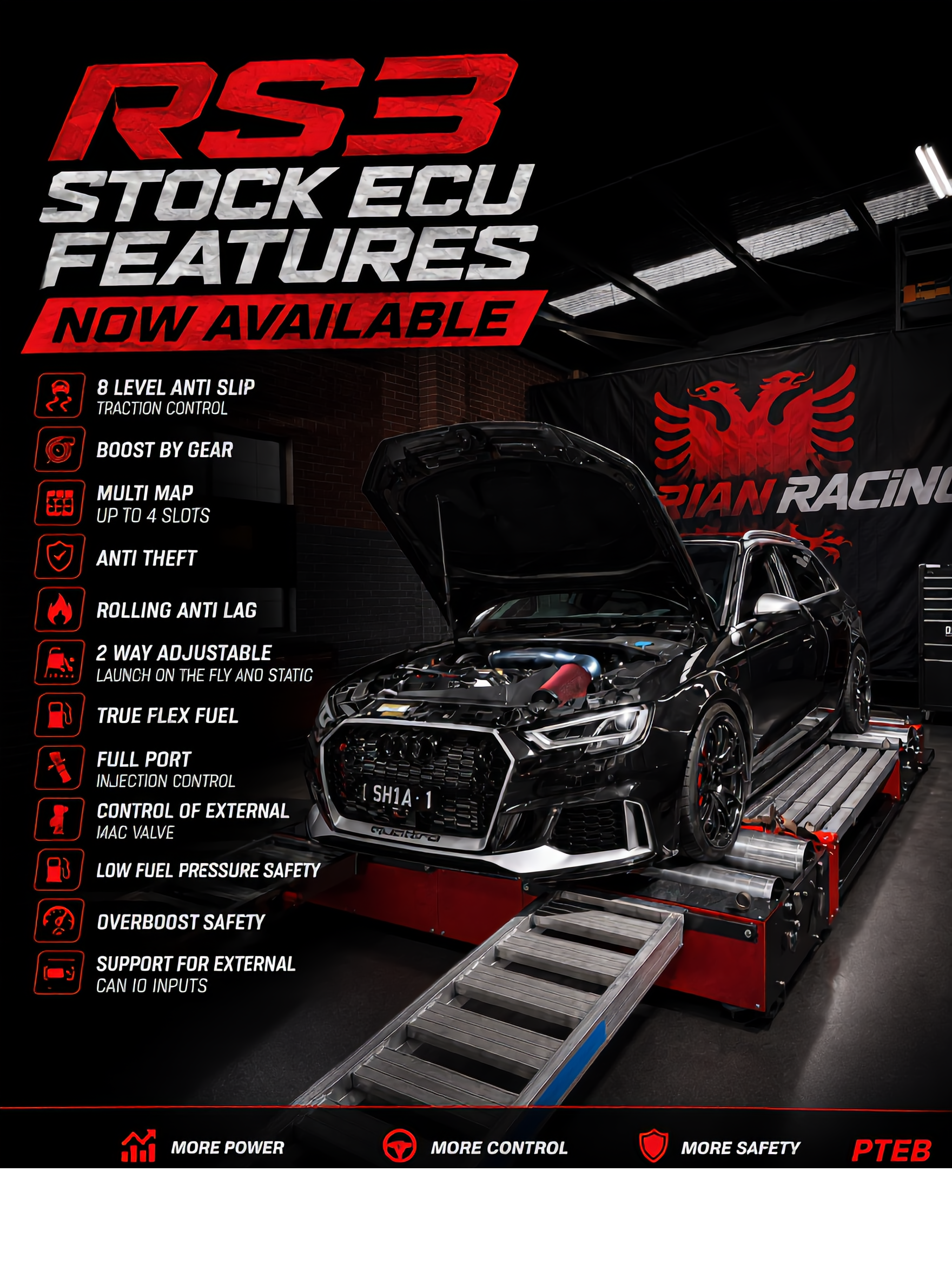 Audi RS3 on the PTEB dyno — stock ECU features including anti-lag, flex fuel, traction control, and overboost safety